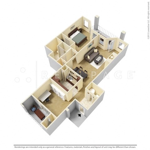 Floor plan for 1 bed, 1 bath, 1037 sqft